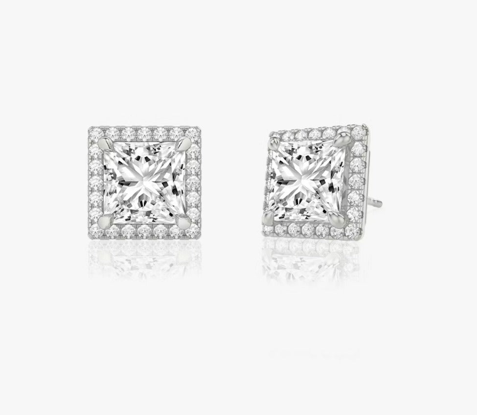 Halo Stud Earring Princess Diamond